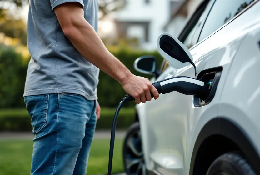 Töltőkábel csatlakoztatása egy fehér elektromos autóhoz