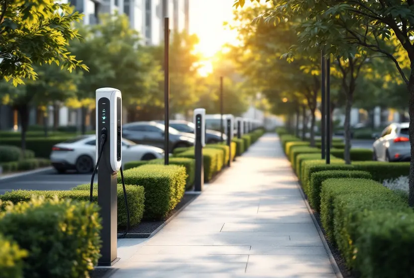 Töltőállomások sora egy parkosított parkoló mentén