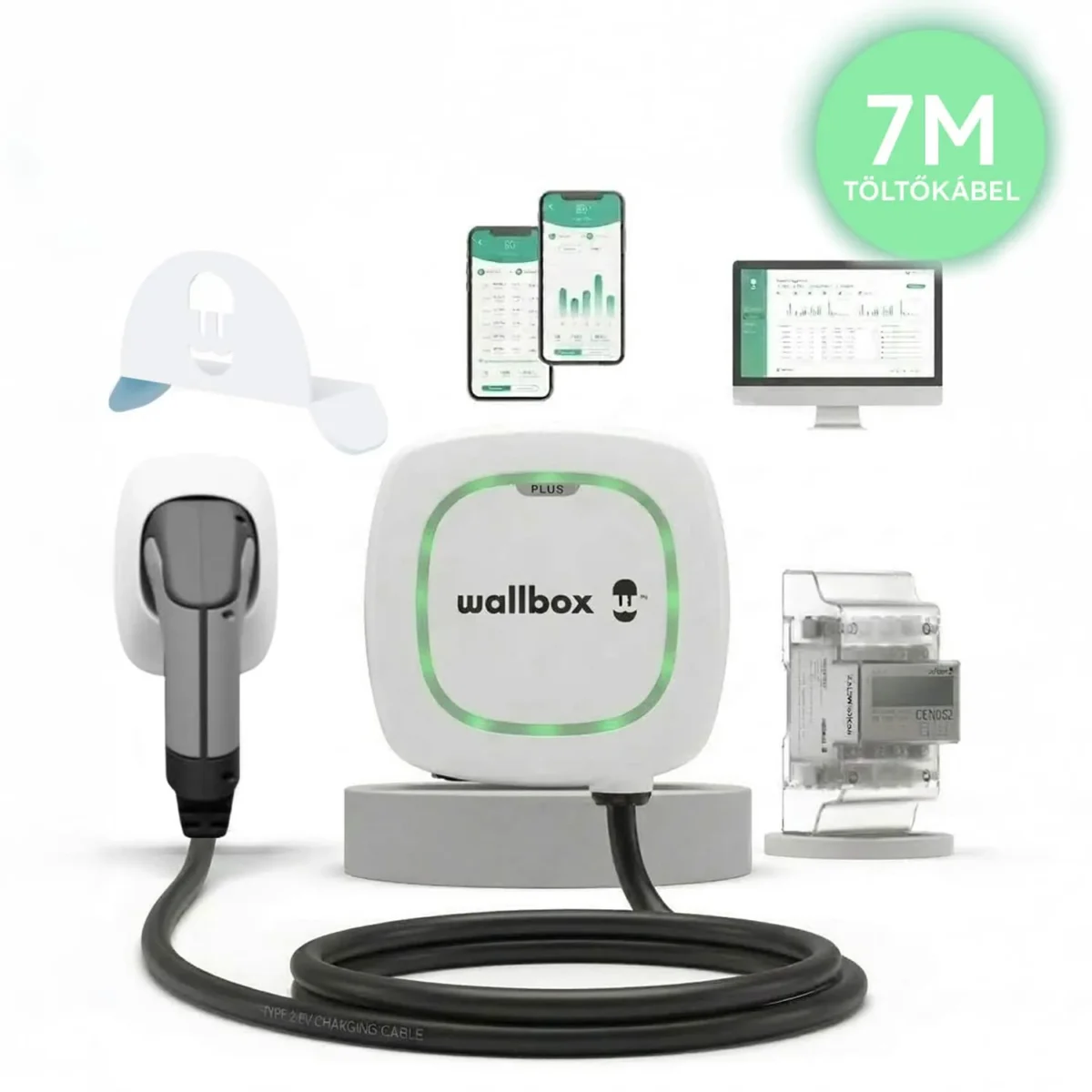 Wallbox Pulsar Plus 22 kW + Wallbox Power Boost 3 fázis + Kábeltartó | Type 2 – 7m | fehér
